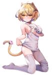  1girl absurdres ahoge animal_ears arm_under_breasts bare_shoulders bat_hair_ornament black_choker blonde_hair blush bob_cut bow breasts cat_ears cat_girl cat_tail choker clothes_lift collarbone commentary covered_navel extra_ears fang flustered full_body hair_between_eyes hair_ornament hairclip highres hololive kneeling large_breasts lifted_by_self looking_to_the_side name_tag old_school_swimsuit pink_bow school_swimsuit short_hair sideboob simple_background skin_fang swimsuit swimsuit_lift symbol-only_commentary tail tail_bow tail_ornament thighhighs tmo-cat virtual_youtuber wet wet_clothes wet_swimsuit wet_thighhighs white_background white_swimsuit white_thighhighs yellow_eyes yozora_mel 