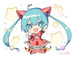  +_+ 1girl :d ahoge blue_eyes blue_hair blush_stickers chibi dress fangs frilled_dress frills full_body hair_between_eyes hand_up hatsune_miku highres kneeling long_hair looking_at_viewer notice_lines pink_dress pink_thighhighs project_sekai puffy_short_sleeves puffy_sleeves short_sleeves signature simple_background smile sofra solo starry_background striped striped_dress thighhighs twintails twitter_username vertical-striped_dress vertical_stripes very_long_hair vocaloid white_background wonderlands_x_showtime_miku 