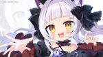  animal_ear_fluff animal_ears black_bow black_dress blunt_bangs blush bow cat_ears dress gothic_lolita grey_hair hair_bow hololive lolita_fashion long_hair looking_at_viewer murasaki_shion murasaki_shion_(5th_costume) noi_mine open_mouth sidelocks smile teeth twintails upper_teeth_only virtual_youtuber yellow_eyes 