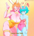  2girls animal_ears artist_name bare_shoulders blue_eyes blue_hair blue_skin blush breasts character_request chronoa cleavage collarbone colored_skin covered_navel cowboy_shot dragon_ball dragon_ball_heroes dragon_ball_xenoverse earrings gradient_hair happy_new_year highres huge_breasts jewelry leotard long_hair looking_at_viewer mlix multicolored_hair multiple_girls one_eye_closed open_mouth orange_eyes orange_hair orange_leotard pink_hair pink_leotard pink_skin playboy_bunny pointy_ears potara_earrings pout rabbit_ears rabbit_tail small_breasts smile tail thigh_strap v watermark 