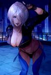  1girl ahoge angel_(kof) arm_behind_back between_legs bikini blue_bikini blue_eyes breasts city cityscape cleavage crop_top dark-skinned_female dark_skin finger_horns grey_hair grin hair_over_one_eye highres large_breasts looking_at_viewer nasubin_(nasubisamurai15) navel night night_sky short_hair sky smile solo swimsuit tan the_king_of_fighters thick_thighs thighs toned 