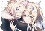  2girls animal_ear_fluff animal_ears black_collar black_jacket blonde_hair blue_eyes blue_hair collar commentary cropped_jacket dog_ears dog_girl fur-trimmed_jacket fur_trim fuwawa_abyssgard hair_ornament hairpin headphones headphones_around_neck highres hololive hololive_english hug jacket long_hair looking_at_viewer medium_hair mococo_abyssgard multicolored_hair multiple_girls oki_no_fuji open_mouth pink_eyes pink_hair siblings sisters smile spiked_collar spikes streaked_hair symbol-only_commentary twins virtual_youtuber white_background x_hair_ornament 