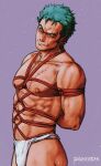  1boy abs arms_behind_back bara bdsm bondage bound fundoshi green_hair head_tilt highres japanese_clothes large_pectorals looking_at_viewer male_focus muscular muscular_male navel nipples one_piece pectorals red_rope rope roronoa_zoro scar scar_across_eye seductive_smile short_hair smile smokerichi solo stitches sweat topless_male underbust v-shaped_eyebrows 
