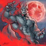  2023 abs alexxxnttt anthro barazoku biceps big_muscles butt canid canine crotch_tuft digital_media_(artwork) eyebrows full_moon fur grey_body grey_fur hi_res male mammal moon muscular muscular_anthro muscular_male navel nipples nude open_mouth pecs pose sharp_teeth solo tail teeth tongue tuft were werecanid werecanine werewolf 