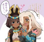  2girls ahoge bare_shoulders blue_eyes blush brown_hair dark-skinned_female dark_skin dragalia_lost ebi_(hachikunperoi) grey_hair hair_over_one_eye hair_tubes holding holding_phone long_hair long_sleeves multiple_girls nadine_(dragalia_lost) nefaria phone thought_bubble translation_request upper_body yellow_eyes 