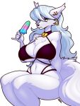  2023 anthro big_breasts bikini blazbaros blue_eyes blue_hair breasts canid canine canis chest_tuft clothing ear_piercing ear_ring eyebrows female food fur hair hi_res huge_breasts long_hair looking_at_viewer mammal navel piercing popsicle purple_bikini purple_clothing purple_swimwear ring_piercing shoulder_tuft solo swimwear thick_thighs tuft white_body white_fur wolf 