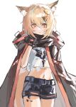  1girl animal_ear_fluff arknights black_cape black_gloves black_shorts blonde_hair cape chinese_commentary closed_mouth commentary_request cowboy_shot crop_top earrings fang fang_out food-themed_hair_ornament gloves hair_ornament hand_up highres hood hood_down hooded_cape jewelry jiang_bian_zhishu looking_at_viewer melon_hair_ornament midriff orange_eyes oripathy_lesion_(arknights) pendant shirt short_hair shorts simple_background solo vermeil_(arknights) white_background white_shirt 