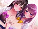  2girls black_bra black_hair blue_eyes blurry blurry_background blush bow bowtie bra breast_press breasts brown_eyes brown_hair cleavage closed_mouth collared_shirt embarrassed frilled_bra frills hair_between_eyes highres huge_breasts indoors interlocked_fingers lace-trimmed_bra lace_trim long_hair looking_at_viewer multiple_girls non-web_source open_clothes open_shirt original parted_lips purple_bow purple_bowtie rouka_(akatyann) school_uniform shirt sidelocks sweat underwear upper_body white_shirt yellow_bow yellow_bowtie yuri 
