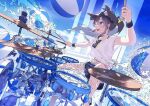  1girl animal_ear_fluff animal_ears ball beachball blue_eyes blush cymbals drum drum_set drumsticks dutch_angle extra_ears eyewear_removed grey_hair highres hoji_(hooooooooji1029) holding holding_drumsticks instrument long_hair open_mouth original ponytail shirt shorts sleeveless sunglasses t-shirt visor_cap water wind 