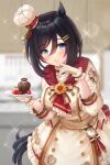  1girl animal_ears apron black_hair blue_eyes blush buttons chef chef_hat chocolate_hair_ornament closed_mouth cowboy_shot double-breasted dress eishin_flash_(collect_chocolatier)_(umamusume) eishin_flash_(umamusume) finger_to_mouth frilled_dress frills gloves hair_between_eyes hair_ornament hairclip hat highres holding holding_tray horse_ears horse_girl horse_tail impossible_clothes impossible_dress index_finger_raised kirifrog kitchen leaning_forward long_sleeves looking_at_viewer medium_hair mini_hat neckerchief official_alternate_costume official_alternate_hairstyle red_neckerchief short_dress shushing sleeves_past_elbows smile solo swept_bangs tail tilted_headwear tray umamusume valentine white_apron white_dress white_gloves white_headwear wrist_cuffs 