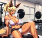  absurd_res anthro big_breasts blonde_hair bodily_fluids breasts eeveelution fangs female female/female flareon generation_1_pokemon gym gym_clothing hair hair_bun hi_res muscular nintendo pokemon pokemon_(species) sitting solo steam sweat teeth thick_thighs thyhsilverfeet 