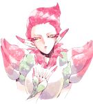  1boy androgynous breath_of_fire breath_of_fire_ii colored_skin fingernails flower long_pointy_ears looking_at_viewer minashirazu monster_boy pink_hair pointy_ears short_hair simple_background skirt solo spar very_long_fingernails white_background yellow_eyes 