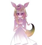  1girl absurdres alternate_costume alternate_hairstyle animal_ear_fluff animal_ears bare_shoulders blonde_hair blue_nails blush braid breasts closed_mouth collarbone cowboy_shot dress fox_ears fox_girl fox_tail hair_over_shoulder heart heart-shaped_pupils highres hololive ichijo_rei interlocked_fingers medium_breasts medium_hair nail_polish official_art omaru_polka own_hands_together sidelocks simple_background sleeveless sleeveless_dress solo spaghetti_strap symbol-shaped_pupils tail twin_braids twintails virtual_youtuber white_background white_dress 