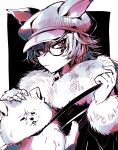  1boy animal_ears animal_hat cabbie_hat closed_mouth commentary_request dog fake_animal_ears fur-trimmed_sleeves fur_collar fur_trim glasses hat highres holding holding_leash leash leash_pull limited_palette long_sleeves looking_at_viewer maguro_no_yukke male_focus master_detective_archives:_rain_code round_eyewear short_hair solo upper_body zilch_alexander 