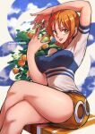  1girl aosora2823 artist_name breasts commentary crossed_legs english_commentary feet_out_of_frame hair_between_eyes happy_birthday highres holding holding_money looking_at_viewer medium_breasts money nami_(one_piece) one_piece orange_eyes orange_hair short_hair short_sleeves shorts sitting solo tongue tongue_out watermark 
