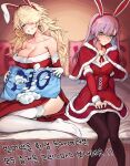  2girls animal_ears anise_slywood_(damn_reincarnation) bed blonde_hair blue_eyes blush breasts christmas damn_reincarnation dress embarrassed gagrim hairband highres kneeling large_breasts long_hair medium_breasts multiple_girls official_art pillow pink_hair rabbit_ears red_dress sienna_merdein_(damn_reincarnation) sitting smile thighhighs upper_body white_thighhighs 