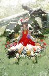  1girl aihara-rina ascot black_eyes black_footwear blood bow corpse death detached_sleeves dress flower full_body guro hair_bow hair_tubes hakurei_reimu highres outdoors red_bow red_dress sidelocks socks solo touhou white_socks yellow_ascot 