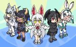  5girls :d animal_ears arm_at_side arm_up bird_ears bird_girl bird_wings blonde_hair bow bowtie broken_horn chibi closed_mouth crossed_arms dark-skinned_female dark_skin detached_sleeves expressionless extra_ears fingerless_gloves fox_ears fox_girl fox_tail fur_collar geta gloves goshingyu-sama_(kemono_friends) green_eyes grey_eyes grey_hair grey_horns greyscale hair_between_eyes hairband hand_up head_wings holding holding_mallet horizontal_pupils horns index_finger_raised jacket japanese_clothes kemono_friends kemono_friends_3 kimono kine leaning_forward legs_apart light_smile long_hair long_sleeves looking_at_viewer makami_(kemono_friends) mallet monochrome multicolored_hair multicolored_horns multiple_girls neck_ribbon oinari-sama_(kemono_friends) okobo one_eye_closed open_mouth outstretched_arms over_shoulder ox_ears ox_girl ox_horns ox_tail pantyhose rabbit_ears rabbit_girl rabbit_tail red_bow red_bowtie red_eyes ribbon shirt short_sleeves side-by-side skirt smile spread_arms srd_(srdsrd01) standing tabi tail thigh_strap thighhighs tsukuyomi_shinshi_(kemono_friends) two-tone_hair very_long_hair white_hair wide_sleeves wings wolf_ears wolf_girl wolf_tail yatagarasu_(kemono_friends) yellow_eyes yellow_horns zettai_ryouiki 