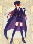  1girl blue_footwear blue_gloves blue_headwear boots cape dairoku_ryouhei full_body gloves gome_(tw6) hat high_heel_boots high_heels knee_boots long_hair long_sleeves necktie red_eyes red_hair riding_crop skirt solo standing uniform 