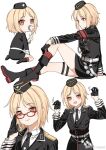  1girl :o aged_down armband belt bespectacled black_footwear black_gloves black_headwear black_jacket black_necktie blonde_hair blush boots brown_eyes claw_pose closed_mouth commentary_request garrison_cap girls&#039;_frontline glasses gloves haijin half_gloves hands_up hat jacket kneeling korean_commentary leg_up legs long_sleeves looking_at_viewer medium_hair military_uniform motion_lines mp40_(girls&#039;_frontline) multiple_views necktie open_mouth red-framed_eyewear red_armband red_socks reichsadler shirt simple_background sitting smile socks thigh_strap third-party_source uniform weibo_logo weibo_username white_background white_belt white_shirt 