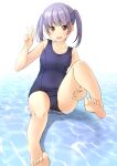  1girl barefoot blue_one-piece_swimsuit breasts brown_eyes full_body highres medium_hair old_school_swimsuit one-piece_swimsuit original purple_hair school_swimsuit shibacha simple_background sitting small_breasts solo swept_bangs swimsuit twintails v water white_background 