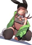  1girl animal_ears black_headwear black_thighhighs blush brown_eyes brown_hair fu-ta hair_between_eyes hair_ornament hat highres long_hair original panties pantyshot ponytail rabbit_ears solo teeth thighhighs thighs underwear usami_taiga 