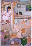  2boys ace_attorney animal arm_up basket bathing bathroom bathtub black_eyes black_hair brown_shorts cat grey_hair hand_fan handheld_fan highres holding holding_fan indoors liyuliyuzhou male_focus miles_edgeworth multiple_boys phoenix_wright rubber_duck shelf shirt short_hair short_sleeves shorts smile towel towel_on_head white_shirt window 