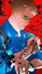  1boy absurdres blue_eyes blue_shirt bo_toike57 buttons clenched_hand collared_shirt goggles highres holding holding_necktie jujutsu_kaisen looking_at_viewer male_focus nanami_kento necktie red_background shirt solo suspenders upper_body veins veiny_arms veiny_face 