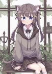  1girl :c absurdres animal_ear_fluff animal_ears arms_at_sides bench black_bow black_bowtie black_skirt blue_eyes blush bow bowtie brown_hair cat_ears cat_girl cat_tail center_frills collared_shirt colon_br drawstring feet_out_of_frame fence frilled_shirt frilled_skirt frills grey_hoodie hair_between_eyes highres hood hood_down hoodie kneehighs looking_at_viewer open_mouth original pleated_skirt raised_eyebrows shirt sidelocks signpost sitting skirt socks solo tail two_side_up white_shirt white_socks 