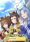  3girls animal_ears aston_machan_(umamusume) black_ribbon blue_sky breasts brown_hair byerley_turk_(umamusume) closed_eyes closed_mouth cloud collarbone collared_shirt commentary_request cowboy_shot crown day dress ear_covers ear_ornament frown gameplay_mechanics godolphin_barb_(umamusume) green_eyes hair_between_eyes highres horse_ears horse_girl horse_tail index_fingers_raised large_breasts light_rays long_sleeves medium_breasts midriff mini_crown multiple_girls navel neck_ribbon odd_one_out open_mouth outdoors parted_bangs red_nails red_sash red_scrunchie red_sleeves ribbon sash scrunchie shirt side_ponytail sidelocks sky smile standing sunbeam sunlight tail tilted_headwear translation_request umamusume white_shirt yamano_boriko yellow_dress 