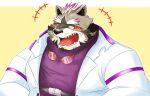  absurd_res anthro brown_body brown_fur clothing coat eyebrows eyewear fur goggles hi_res jinastray lab_coat lifewonders live_a_hero male mammal open_mouth overweight procyonid raccoon simple_background solo striped_body striped_fur stripes thick_eyebrows topwear viscunam yawn yellow_background 