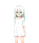  1girl closed_mouth collarbone feet_out_of_frame green_eyes green_hair hair_between_eyes haryuu_(poetto) highres long_hair looking_at_viewer original shirt short_sleeves simple_background smile solo standing white_background white_shirt 