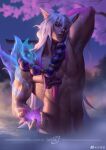  1boy abs absurdres animal_ears arm_behind_head armpit_hair armpits bara bead_necklace beads character_request cherry_blossoms completely_nude cutout_above_navel flower fox_boy fox_ears highres holding holding_flower jewelry large_pectorals league_of_legends looking_at_viewer male_focus muscular muscular_male necklace nipples nude partially_submerged pectorals saturn_(satscarlet) sett_(league_of_legends) short_hair solo spirit_blossom_sett stomach sunrise water wet 