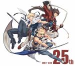  3boys aqua_eyes black_gloves blonde_hair blue_eyes blue_gloves brown_hair covered_abs eyepatch family father-in-law_and_son-in-law father_and_son fingerless_gloves flag flagpole forehead_protector gloves grandfather_and_grandson guilty_gear guilty_gear_strive headband highres holding holding_flag ky_kiske long_hair long_sleeves looking_at_viewer male_focus multiple_boys muscular muscular_male open_mouth pectorals ponytail red_eyes short_hair simple_background sin_kiske smile sol_badguy spiked_hair talgi weapon 