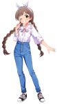  1girl alternate_costume alternate_hairstyle braid brown_eyes brown_hair denim goma_konbu hair_ornament hair_ribbon hakozaki_serika highres idolmaster idolmaster_million_live! jeans one_eye_closed pants ribbon shoes simple_background smile sneakers solo twin_braids v 