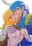  1boy 1girl :d blue_coat blue_eyes blue_hair coat couple dress fire_emblem fire_emblem:_genealogy_of_the_holy_war hand_on_another&#039;s_shoulder headband hetero highres holding_hands interlocked_fingers lana_(fire_emblem) open_mouth orange_hair ponytail seliph_(fire_emblem) short_hair smile taguchi_(igutiguti) white_dress 