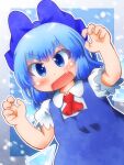  1girl blue_background blue_bow blue_dress blue_eyes blue_hair blush border bow cirno claw_pose collared_shirt detached_wings dress fang hair_bow highres looking_at_viewer matty_(zuwzi) neckerchief open_mouth pinafore_dress puffy_short_sleeves puffy_sleeves red_neckerchief shirt short_sleeves simple_background sleeveless sleeveless_dress snowing solo touhou upper_body v-shaped_eyebrows white_border white_shirt wings 
