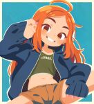  1girl ahoge blue_background blue_jacket blush brown_shorts earrings green_tank_top grin highres jacket jewelry long_hair looking_at_viewer midriff northwoodinside open_clothes open_jacket orange_eyes orange_hair original pink_nails shorts sleeves_past_wrists smile solo spread_legs tank_top 