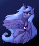  argigen blue_background blue_body blue_eyes blue_feathers blue_fur blue_hair blue_hooves crown ear_tuft equid equine feathered_wings feathers female feral friendship_is_magic fur hair hasbro headgear hi_res hooves horn leg_tuft long_hair looking_up mammal my_little_pony princess_luna_(mlp) simple_background solo tuft winged_unicorn wings 