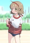  1girl arm_behind_back bandana blue_buruma blurry blurry_background breasts brown_eyes brown_hair buruma collarbone gym_shirt hair_ornament hand_up hidamari_sketch highres jacket looking_to_the_side open_clothes open_jacket percy_pyl red_jacket running_track shirt short_hair small_breasts solo tree white_shirt x_hair_ornament yuno_(hidamari_sketch) zipper 