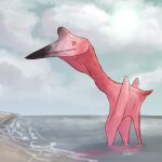  ambiguous_gender azhdarchid corvarts feral hi_res lake partially_submerged pink_body pterosaur quetzalcoatlus reptile salt scalie solo 