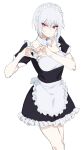  1girl accelerator_(toaru_majutsu_no_index) albino androgynous annoyed apron black_dress bow bowtie collarbone contrapposto cowboy_shot detached_collar dress flat_chest frilled_apron frilled_dress frills furrowed_brow genderswap genderswap_(mtf) heart heart_hands highres knees legs looking_at_viewer maid maid_headdress pale_skin pixie_cut red_eyes sanpaku short_dress short_hair short_sleeves sidelocks sketch solo standing suzushina_yuriko toaru_majutsu_no_index two-tone_dress uonomesabu waist_apron white_background white_bow white_bowtie white_hair 