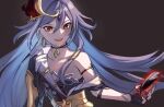  1girl :d asymmetrical_gloves bare_shoulders black_feathers black_gloves black_jacket black_nails blue_hair bridal_gauntlets collarbone feathers fu_hua fu_hua_(herrscher_of_sentience) gloves grey_background grey_hair hair_between_eyes highres honkai_(series) honkai_impact_3rd jacket long_hair mismatched_gloves mmhy_hk multicolored_hair nail_polish off_shoulder red_eyes simple_background smile solo twitter_username two-tone_hair upper_body v-shaped_eyebrows very_long_hair white_gloves 