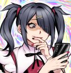  1girl ame-chan_(needy_girl_overdose) black_eyes black_hair black_nails black_ribbon cellphone chinese_commentary collared_shirt commentary_request hair_ornament hair_over_one_eye hair_tie hand_to_own_mouth hands_up highres holding holding_phone long_hair looking_at_phone meihuajiangle multicolored_nails nail_polish neck_ribbon needy_girl_overdose phone red_nails red_shirt ribbon shaded_face shirt smartphone solo trembling twintails upper_body x_hair_ornament 