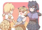  &gt;_&lt; 3girls animal_ears arizonan_jaguar_(kemono_friends) bare_shoulders black_bow black_bowtie black_fur black_gloves black_hair black_jaguar_(kemono_friends) black_skirt blonde_hair blue_eyes blue_necktie blue_shirt blush bow bowtie brown_hair center_frills ears_down elbow_gloves ev_(kemomimizuku) extra_ears frills fur_collar gloves hand_on_another&#039;s_head high-waist_skirt highres jaguar_(kemono_friends) jaguar_ears jaguar_girl jaguar_print jaguar_tail kemono_friends multicolored_hair multiple_girls necktie orange_eyes pleated_skirt print_gloves print_skirt purple_shirt shirt short_hair short_sleeves skirt sleeveless smile t-shirt tail tearing_up white_fur white_shirt 