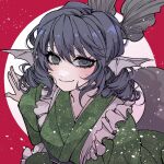  1girl bangs closed_mouth commentary drill_hair frilled_kimono frills green_kimono grey_eyes grey_hair head_fins japanese_clothes kimono long_hair long_sleeves looking_at_viewer mermaid monster_girl saori_kudou smile solo touhou wakasagihime 