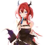  1girl arknights bare_shoulders black_dress breasts cleavage commentary_request dress food highres holding holding_food horns long_hair looking_at_viewer medium_breasts popsicle purple_eyes red_hair simple_background sleeveless sleeveless_dress solo surtr_(arknights) upper_body venturecapital very_long_hair white_background 