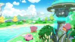  :o arms_up artist_name beach blue_eyes blush blush_stickers bush cathedral cliff climbing commentary_request facing_away genshin_impact grass kirby kirby_(series) mountain no_humans nody_(nody_lowmoo) open_mouth plant rock sand scenery standing statue statue_of_the_seven tree waddle_dee water 