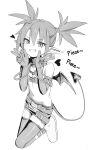  1girl absurdres bandeau boots demon_girl demon_tail demon_wings disgaea double_v earrings elbow_gloves etna_(disgaea) flat_chest full_body gloves greyscale grin heart highres jewelry jiryu50610218 looking_at_viewer makai_senki_disgaea medium_hair miniskirt monochrome navel o-ring_collar pointy_ears simple_background sketch skirt skull_earrings smile solo tail teeth thigh_boots twintails v wings 
