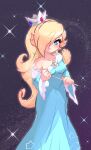  1girl arm_under_breasts blonde_hair blue_dress blue_eyes closed_mouth dress highres holding holding_wand long_hair mario_(series) nin10ja rosalina simple_background smile sparkle_background super_mario_galaxy super_mario_galaxy_2 wand white_background 